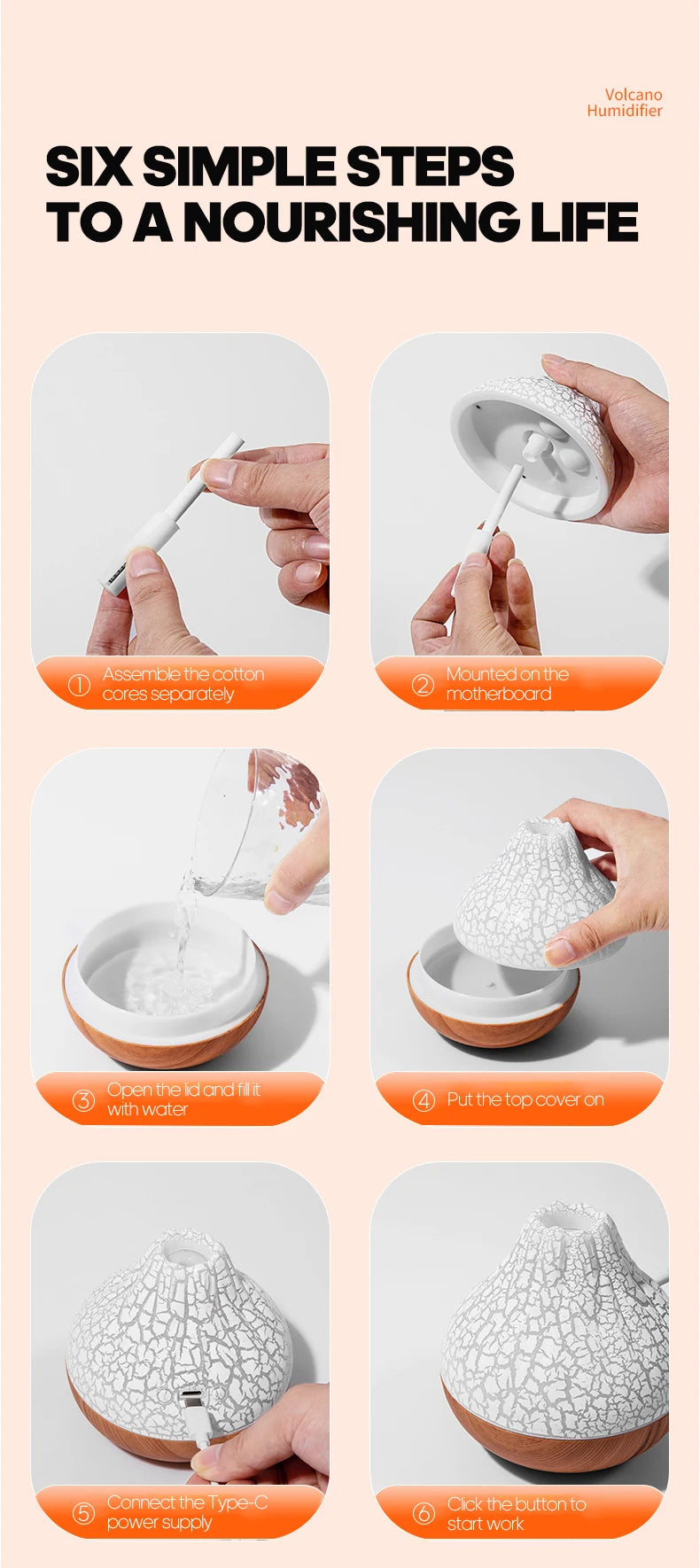 Umidificator de aer Volcano 300ml cu lumină ambientală de noapte